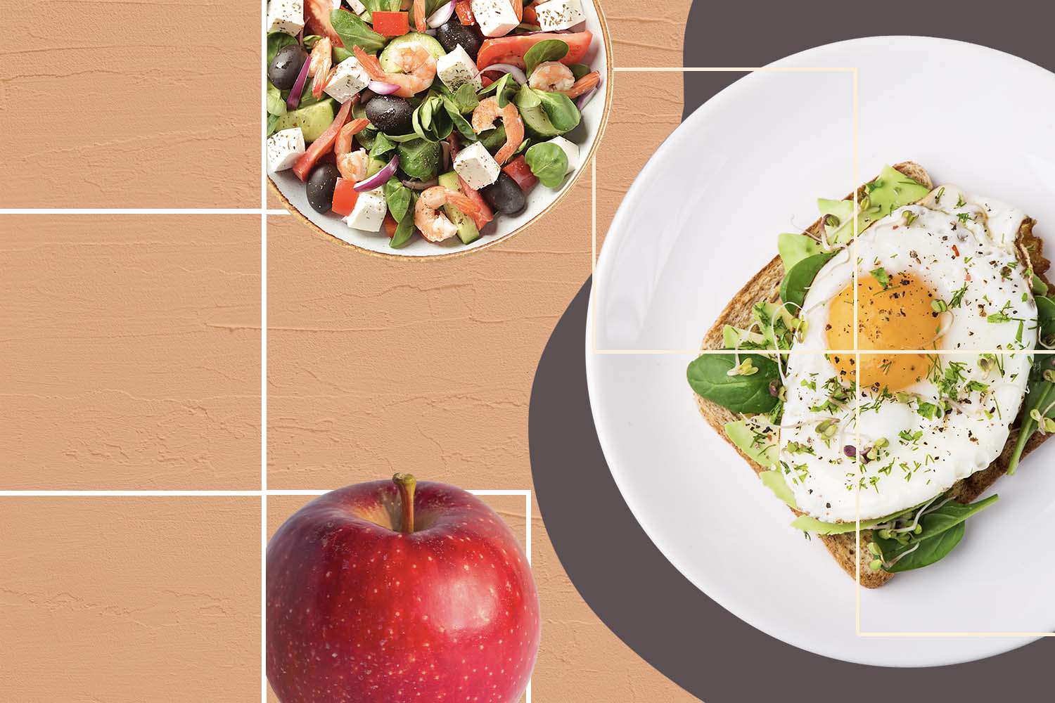 Meal plan for prediabetes with avocado toast, apple, and shrimp salad