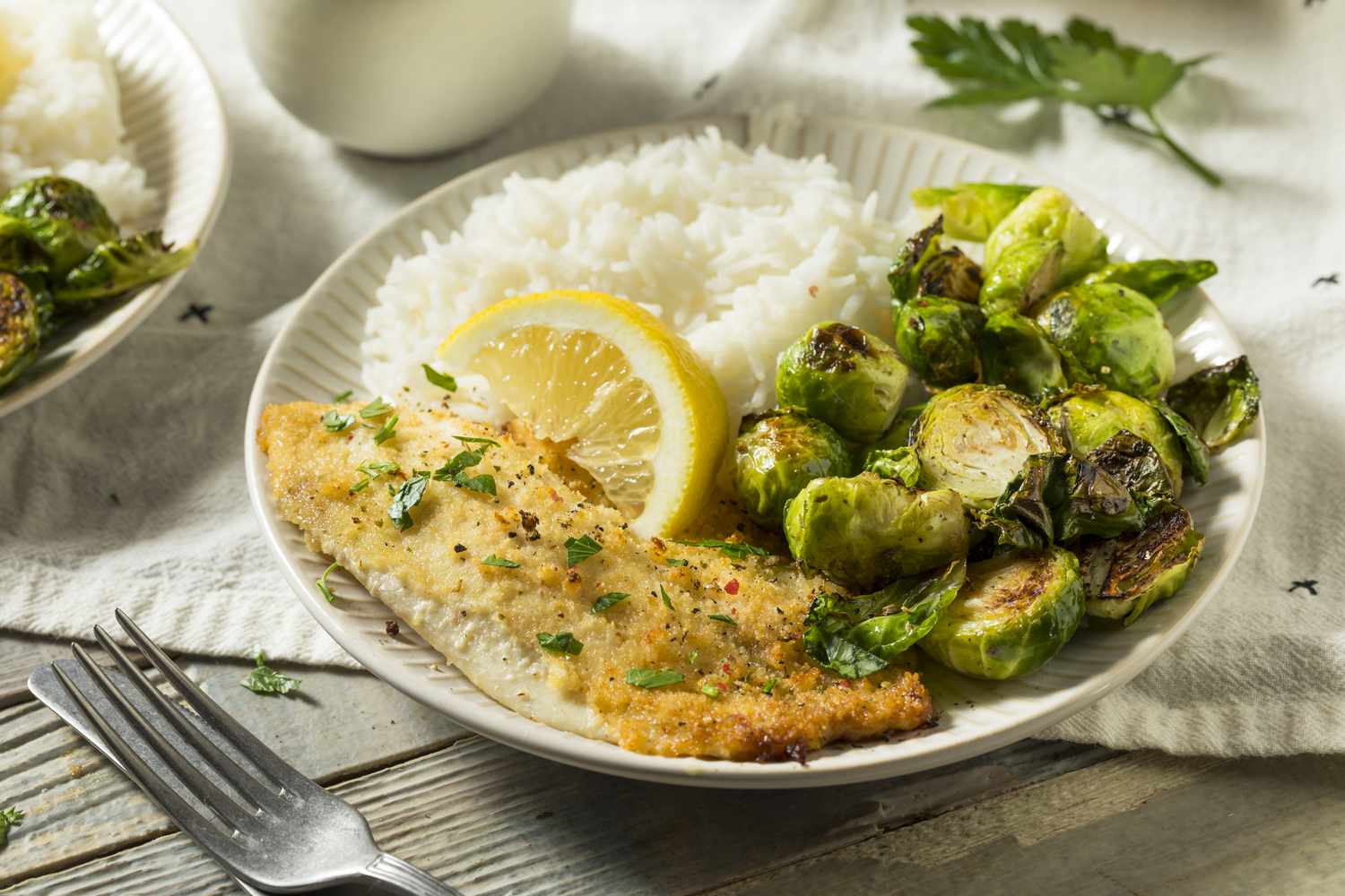 Plate of fish, Brussels sprouts, and white rice