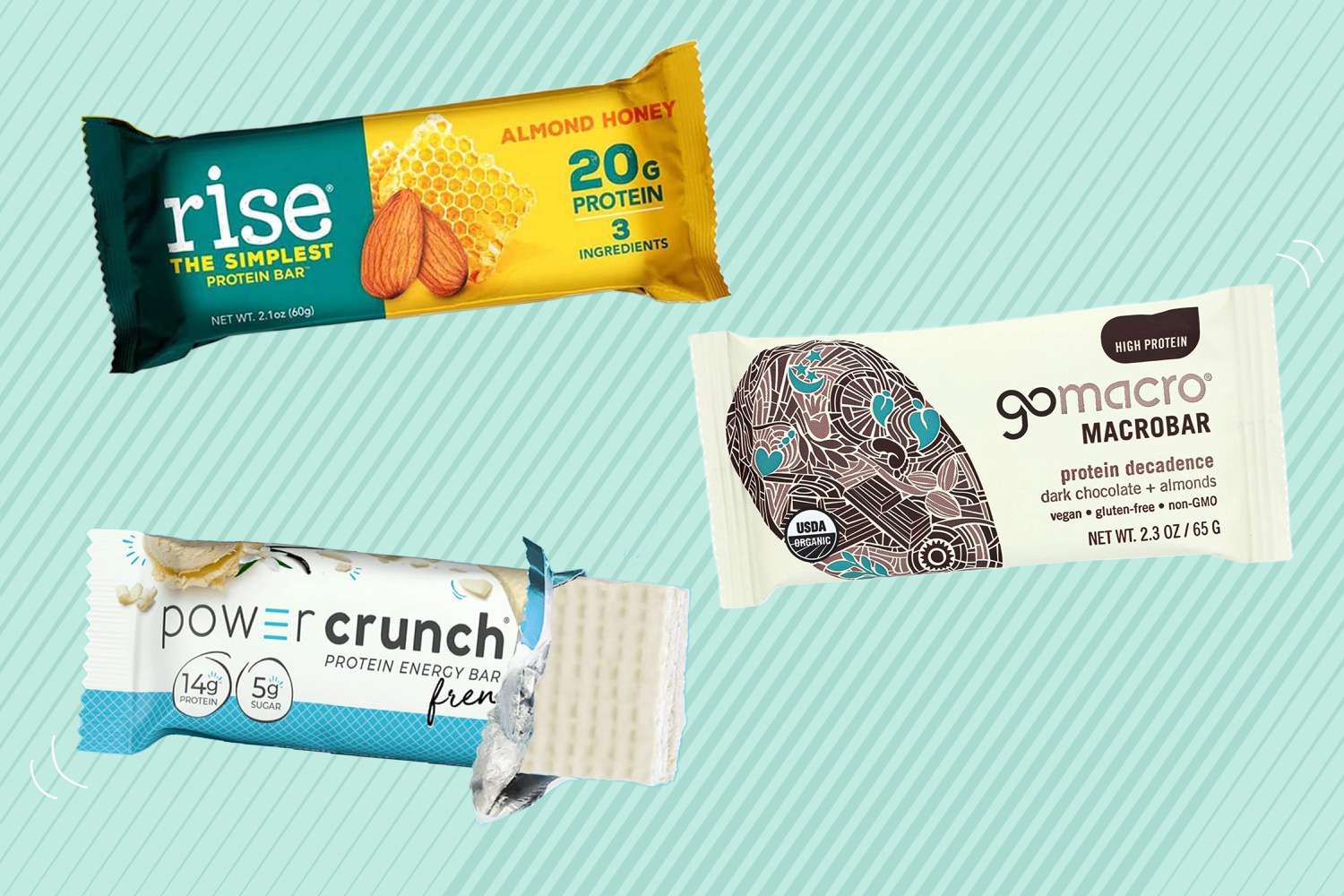Best protein bars collaged against a teal striped background
