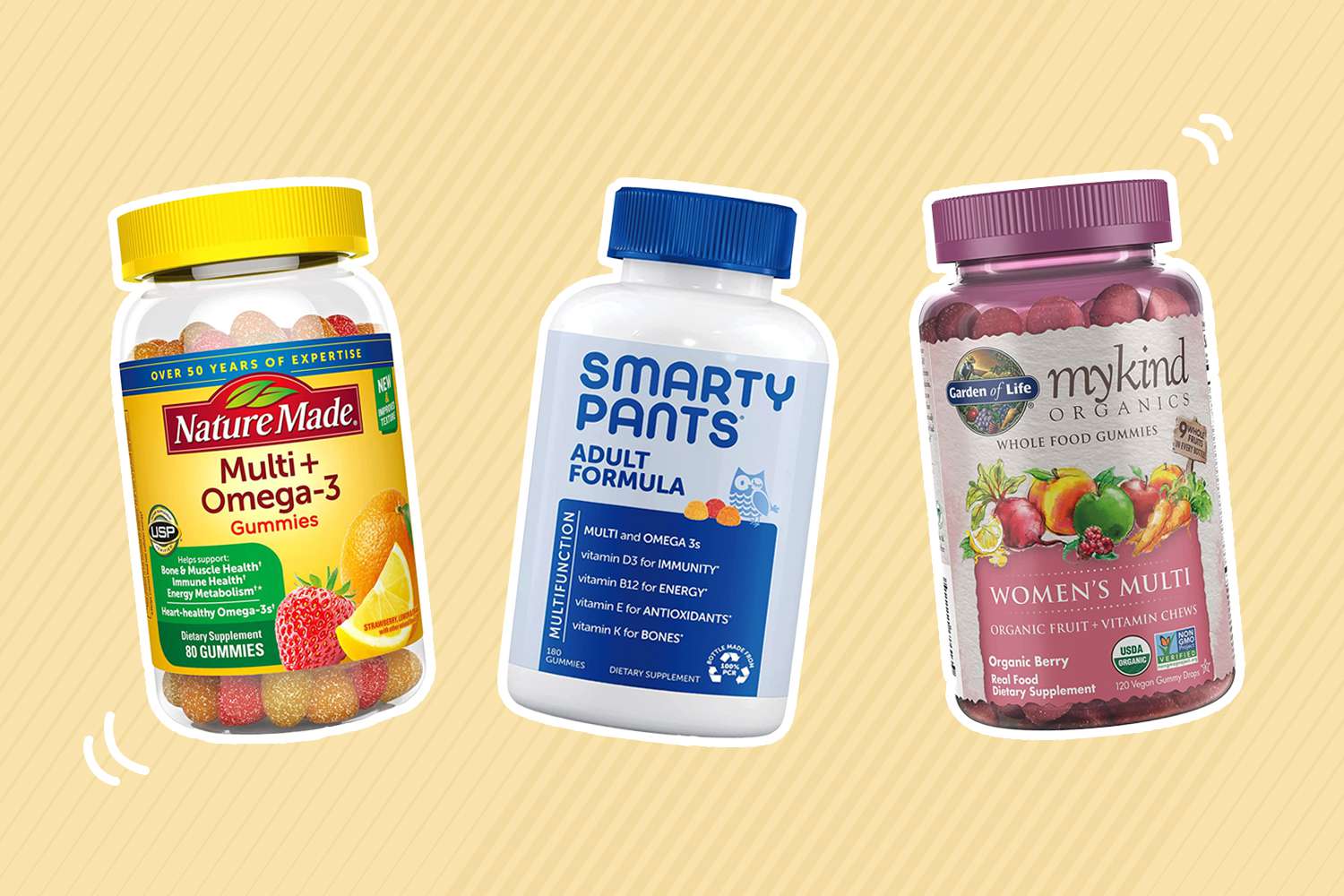 Assortment of gummy vitamins outlined in white and displayed on a two-tone beige patterned background