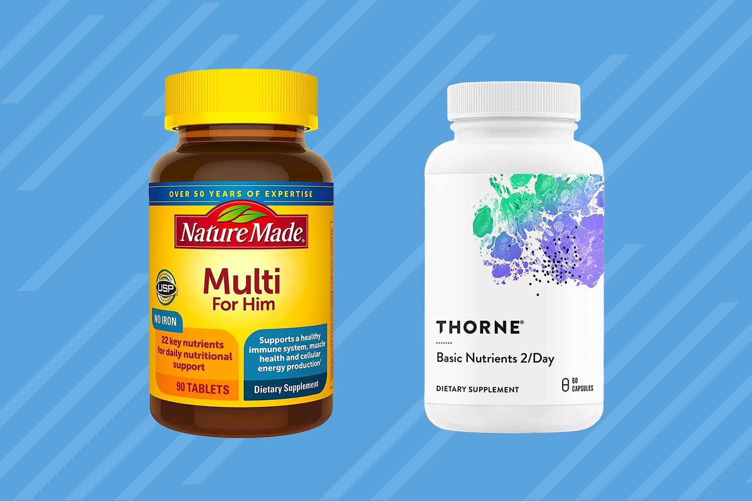 Multivitamins we recommend for men on a blue background