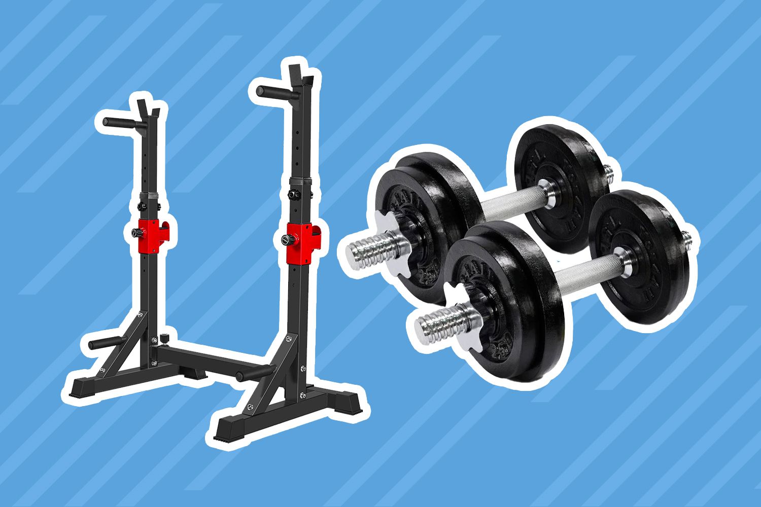 Collage of budget home gym equipment we recommend on a blue background