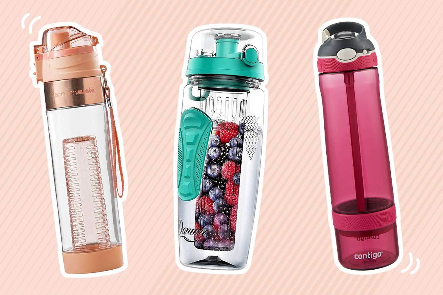 Best infuser water bottles collaged against pink striped background