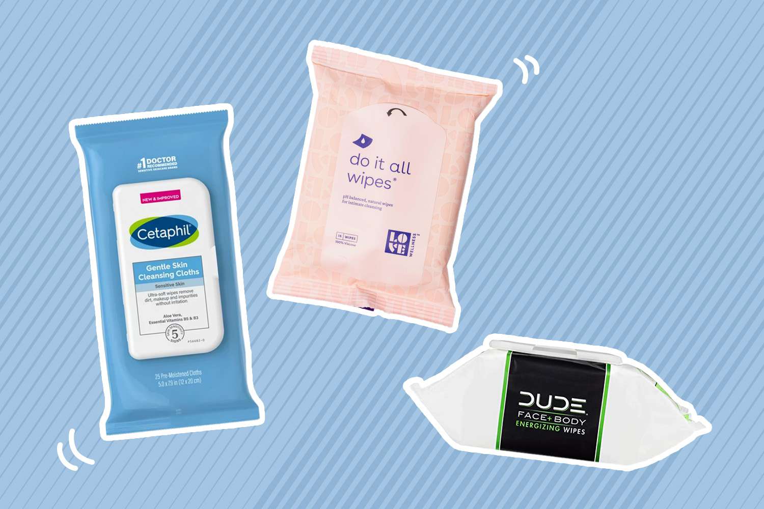 A collage of body wipes we recommend on a striped blue background