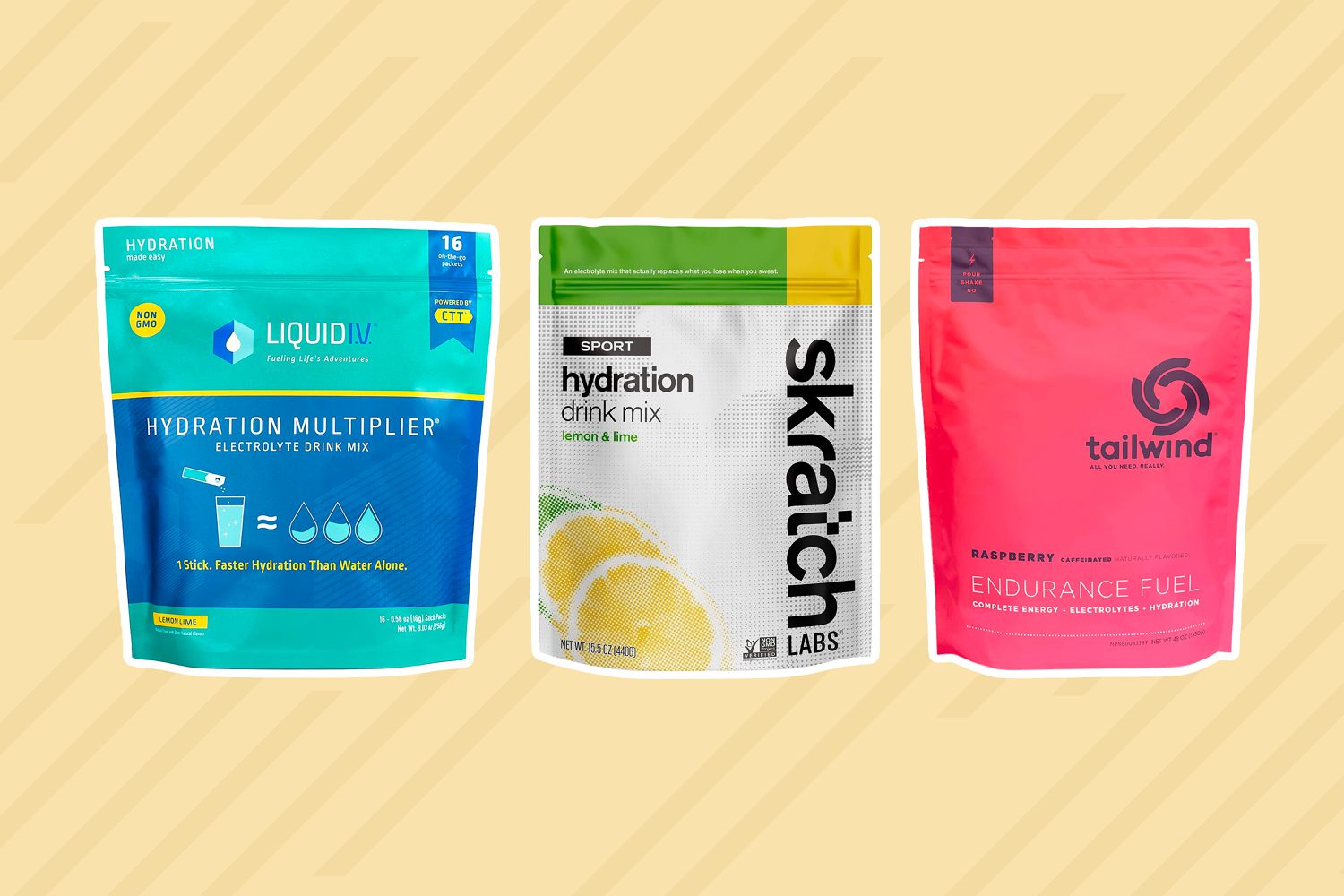 Collage of electrolyte drinks we recommend on a yellow background