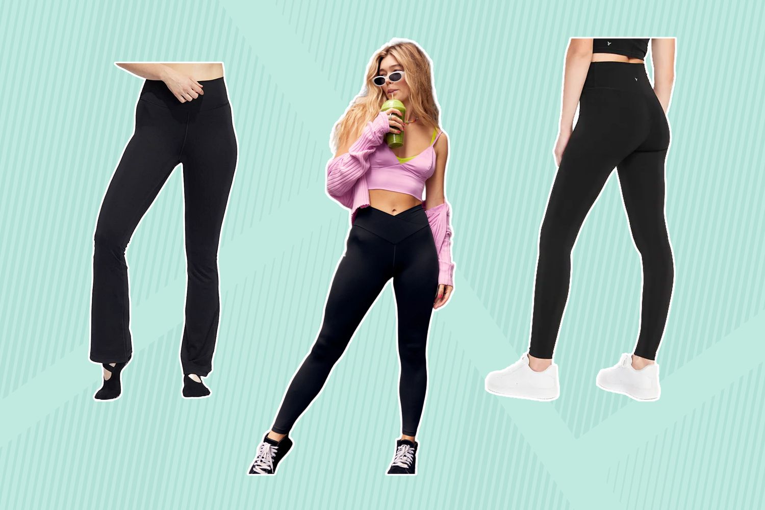 Collage of petite leggings we recommend on a green background
