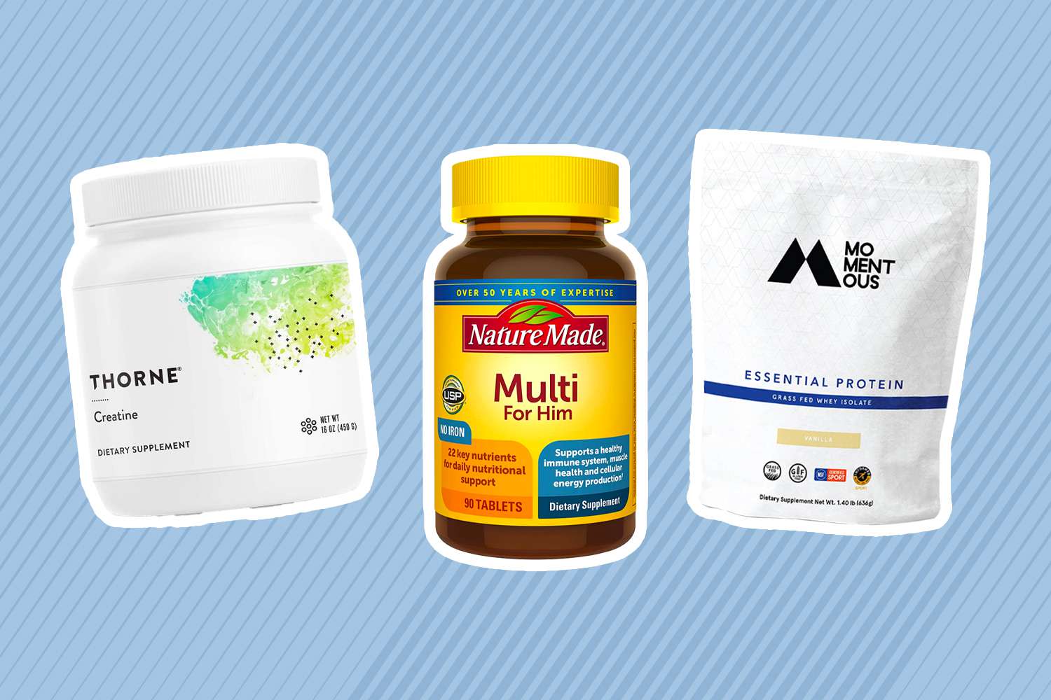Collage of supplements we recommend for men on a blue background
