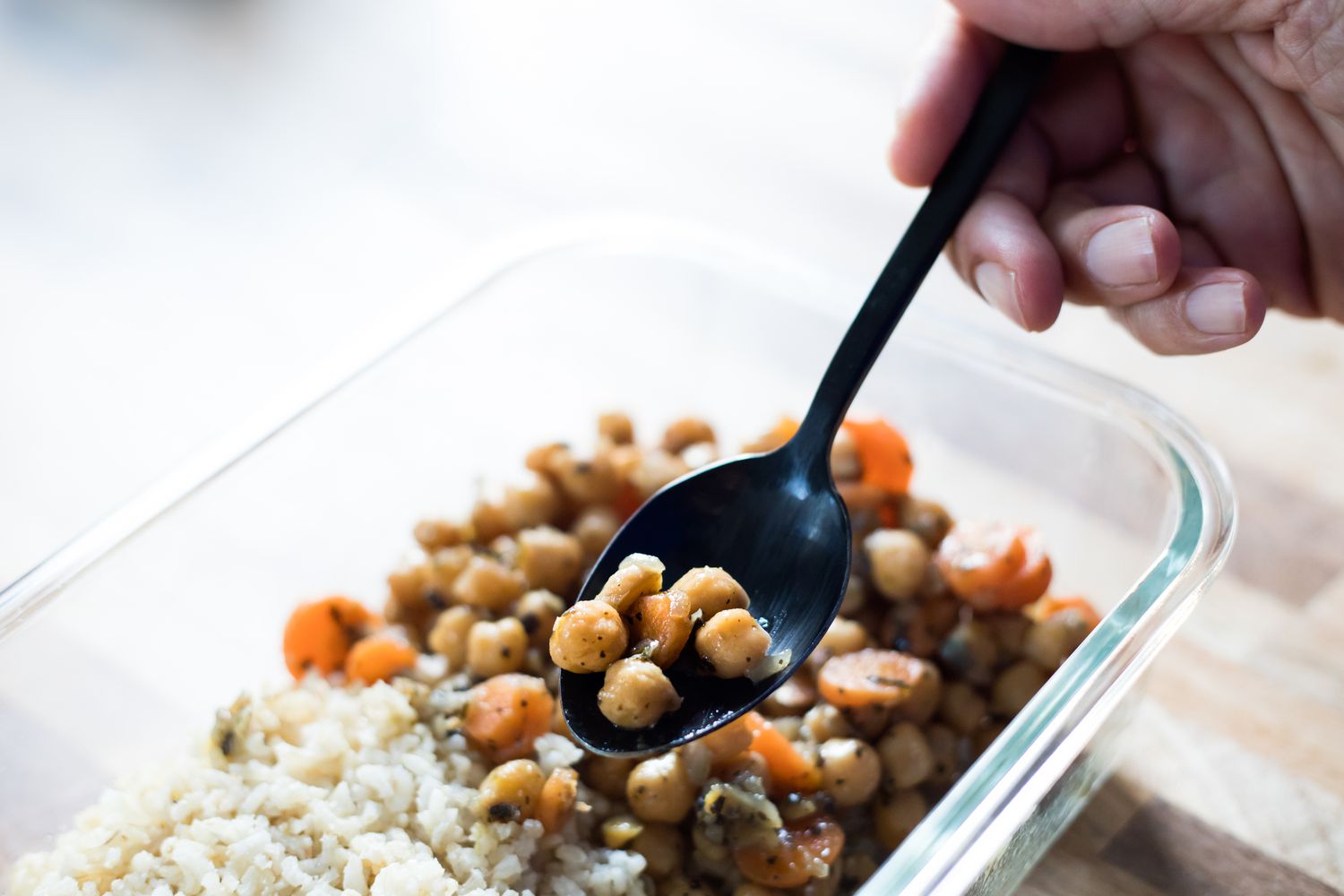 meal prep container with chickpeas and grains