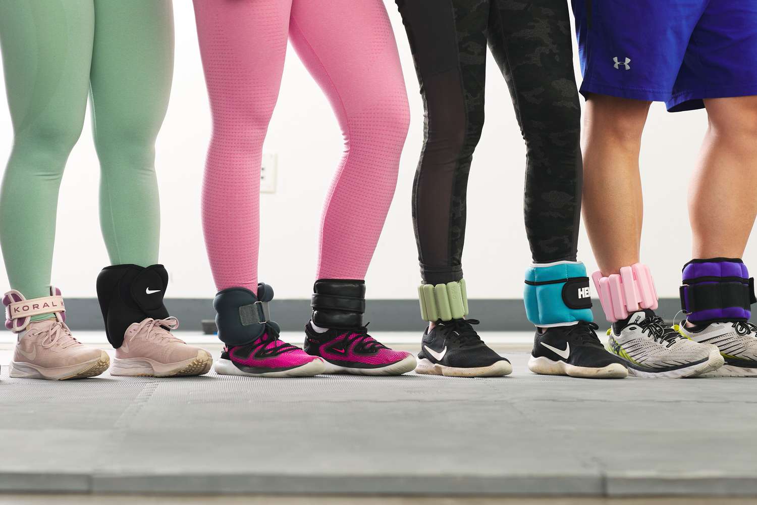 a side-by-side selection of ankle weights being worn 