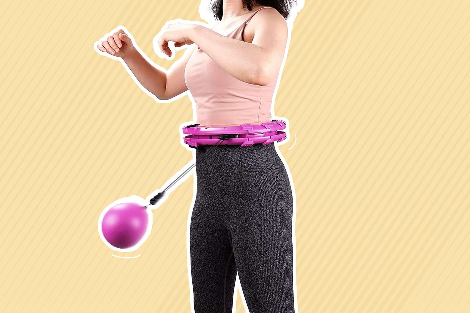 Collage of a woman using a Weighted Hula Hoop on a striped yellow background 