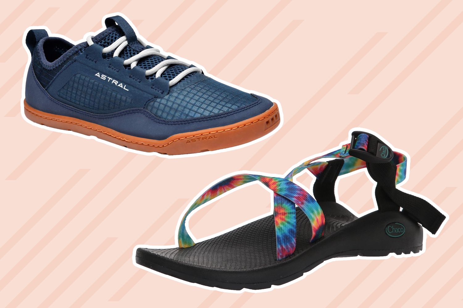 A collage of beach walking shoes we recommend on a striped pink background