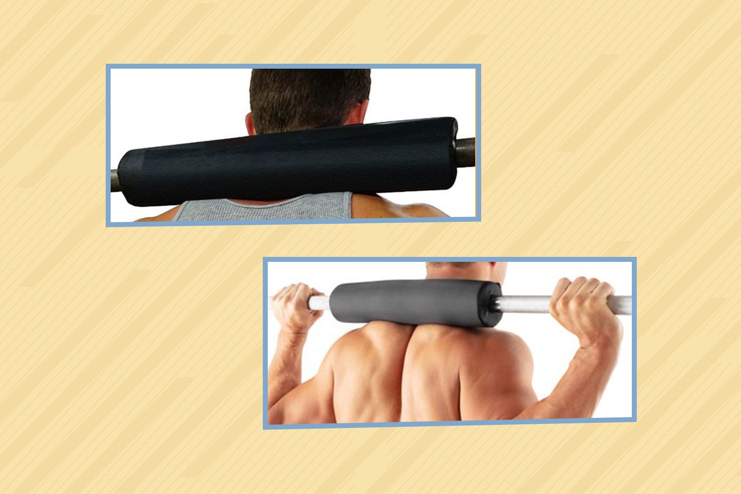 Collage of barbell pads we recommend on a yellow background