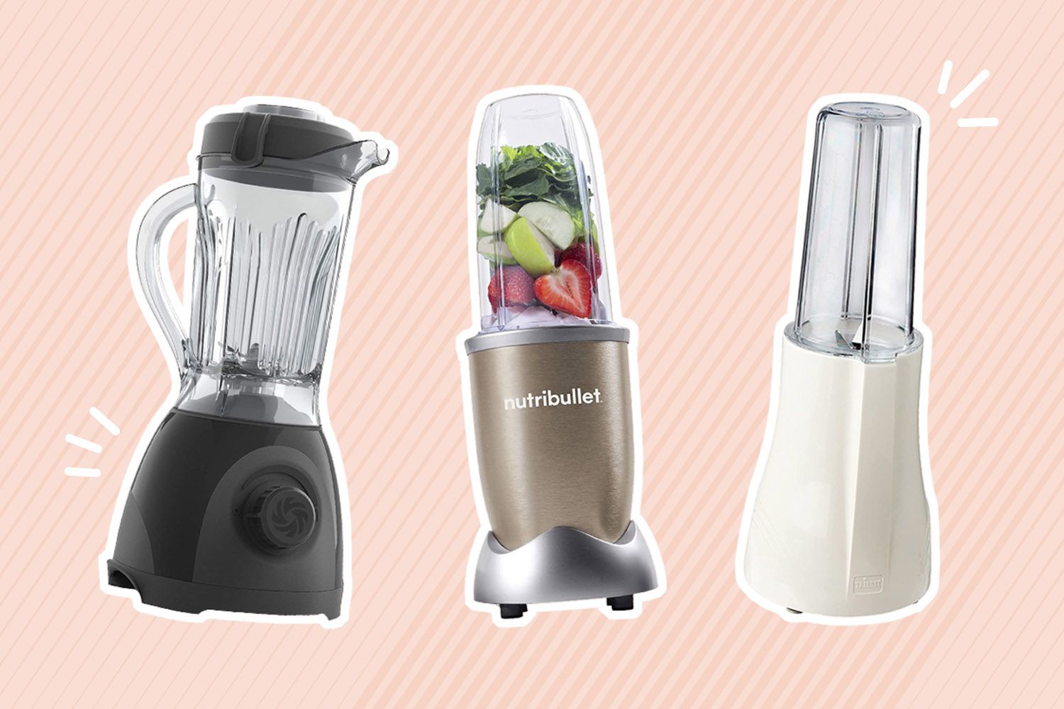 A collage of blenders for protein shakes we recommend on a colorful background