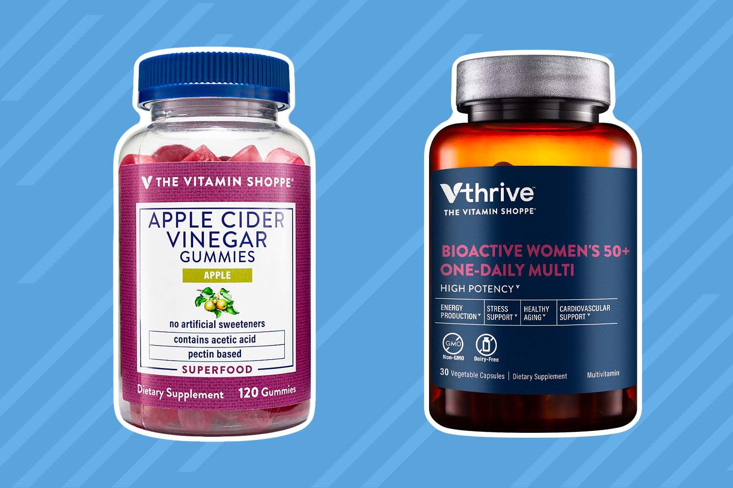 Vitamin bottles from the best places to buy vitamins on blue striped background