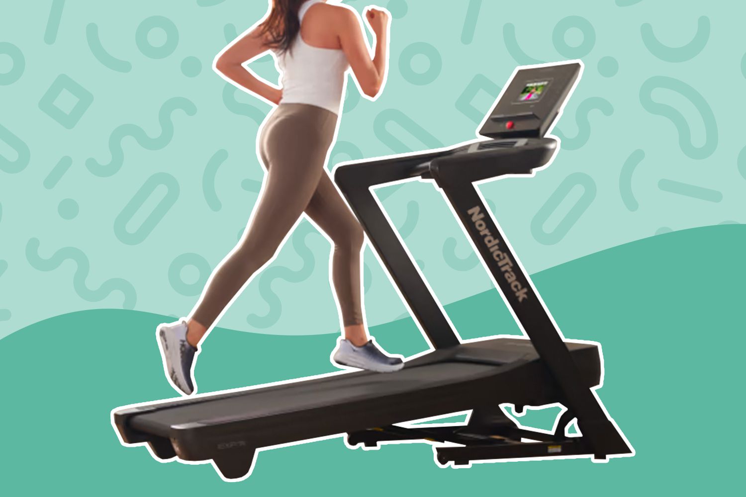 Collage of a woman running on a NordicTrack EXP 7i Treadmill on a green patterned background 