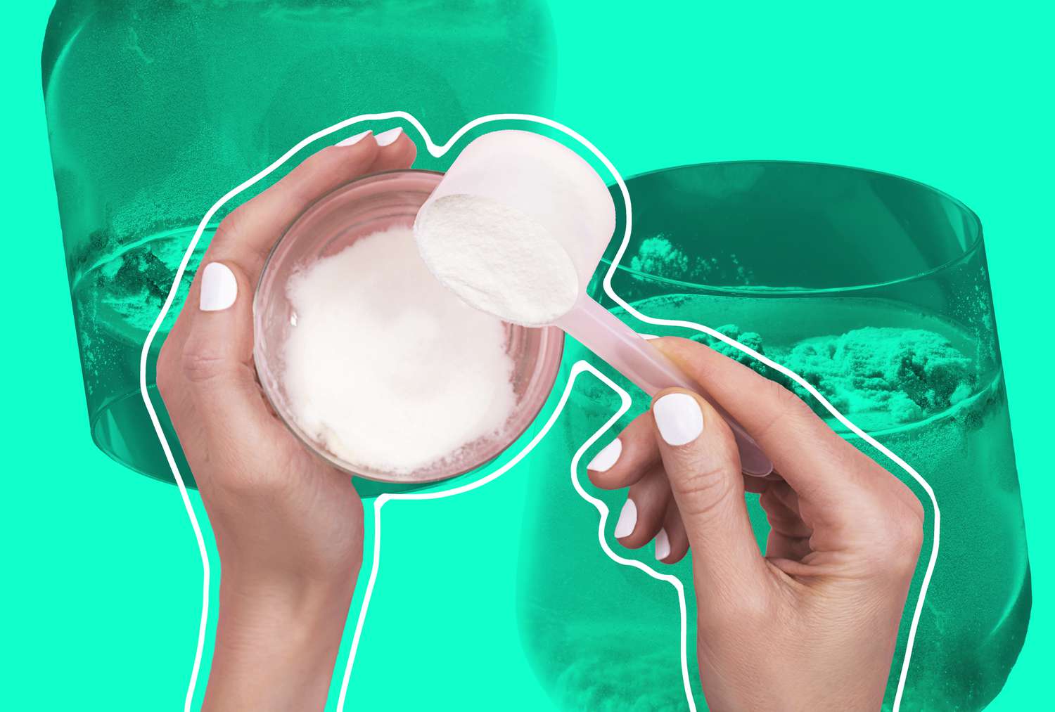 scooping collagen powder from a tub