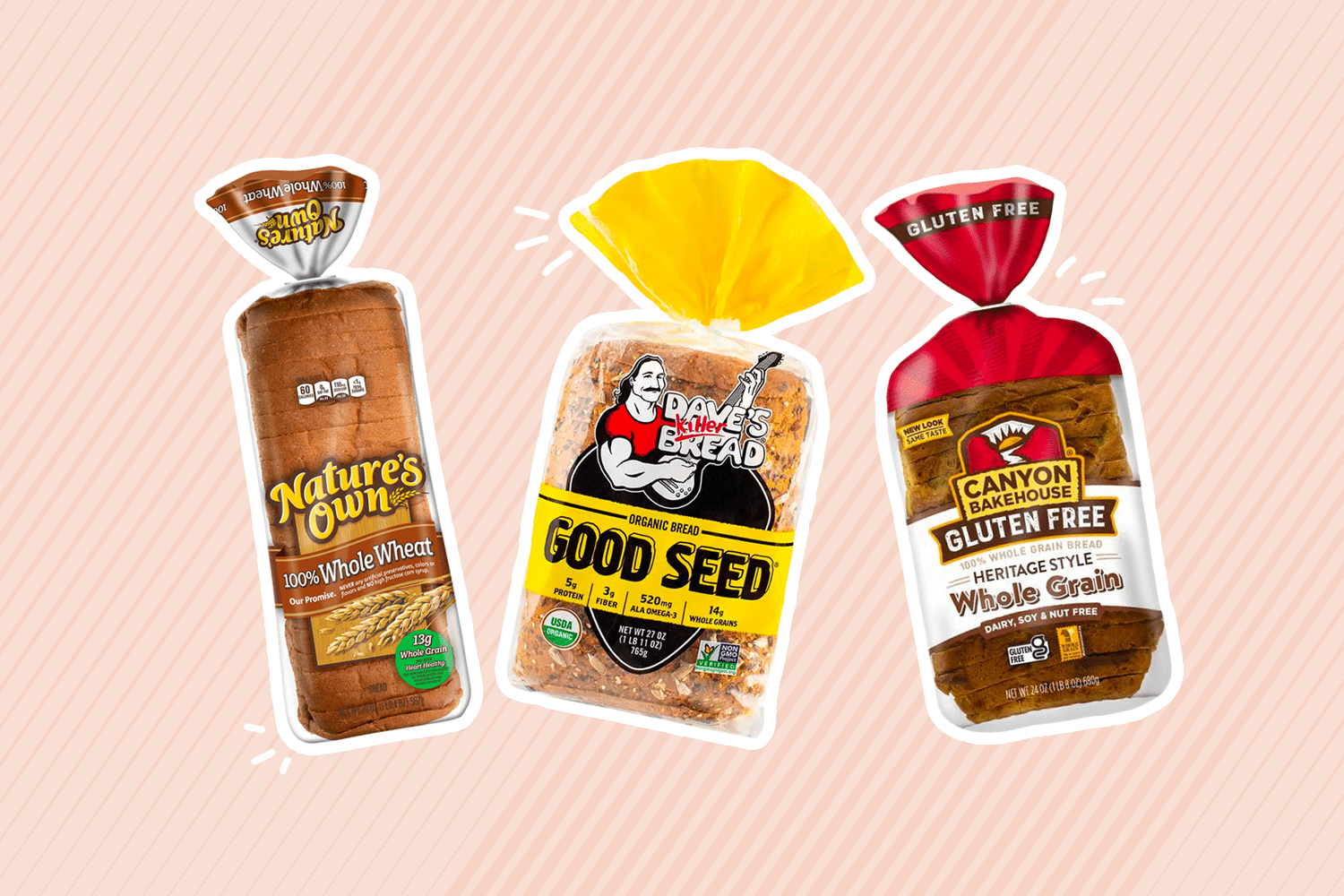 Some of our best whole grain breads atop a peach striped background