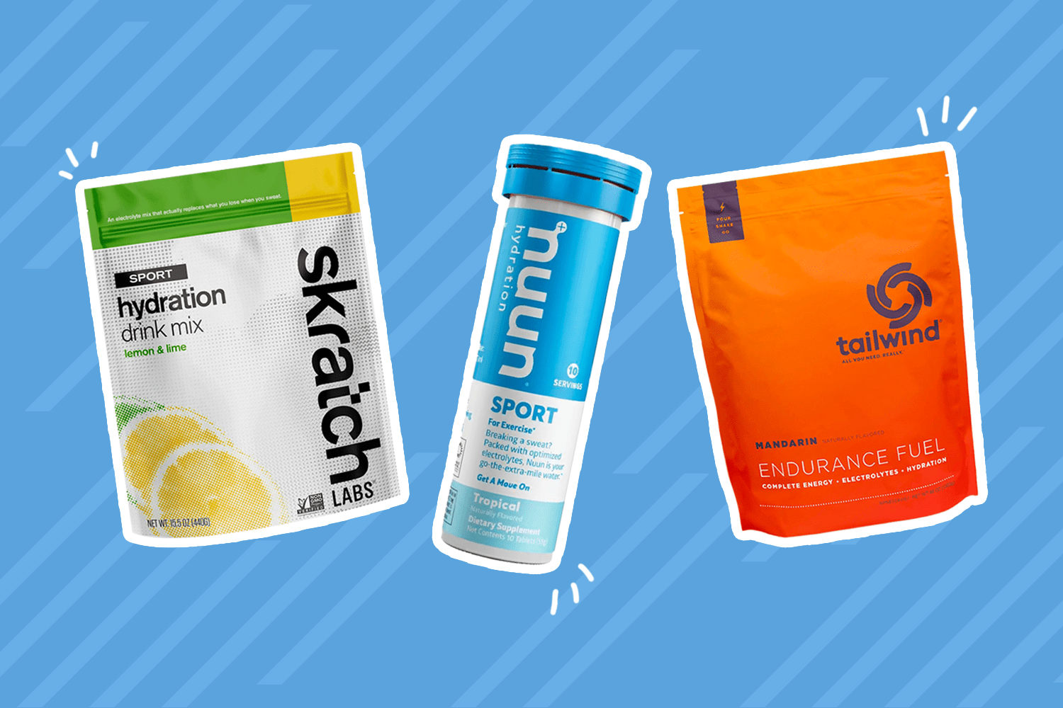 Collage of electrolytes we recommend for runners on a blue background