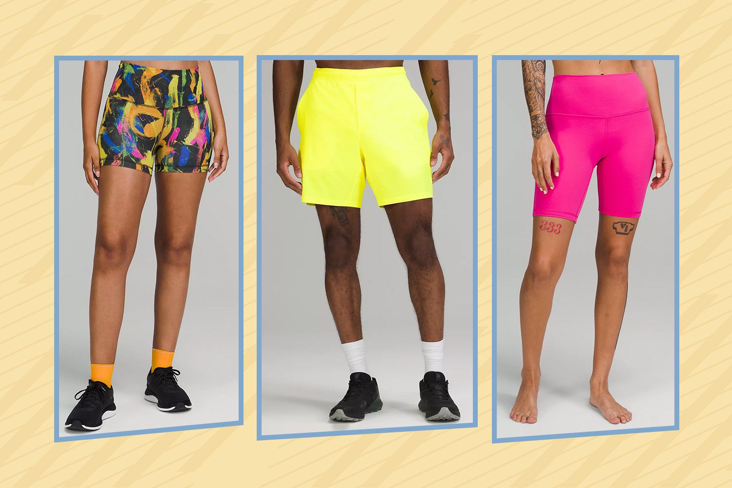 Models wearing Lululemon shorts we recommend collaged against a yellow striped background