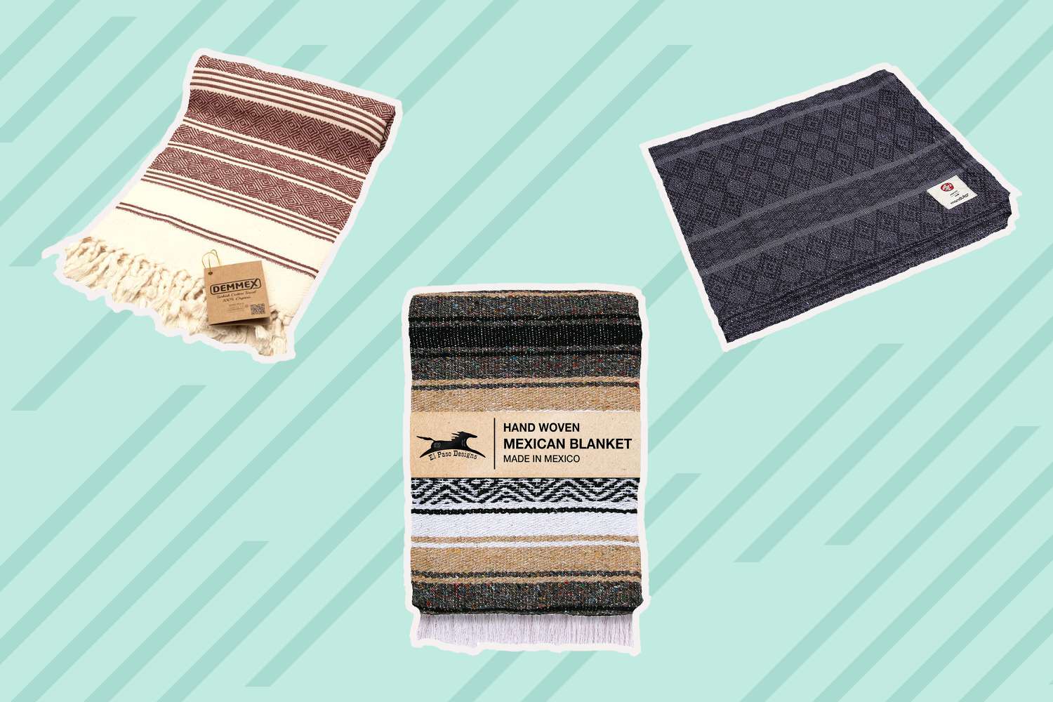 Best yoga blankets collaged against teal striped background 