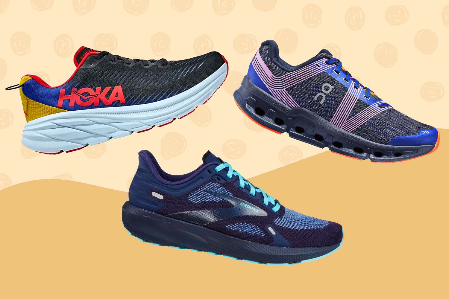 Collage of lightweight running shoes we recommend on a yellow background