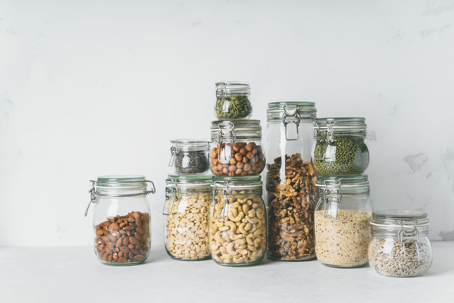 Jars of seeds on a counter