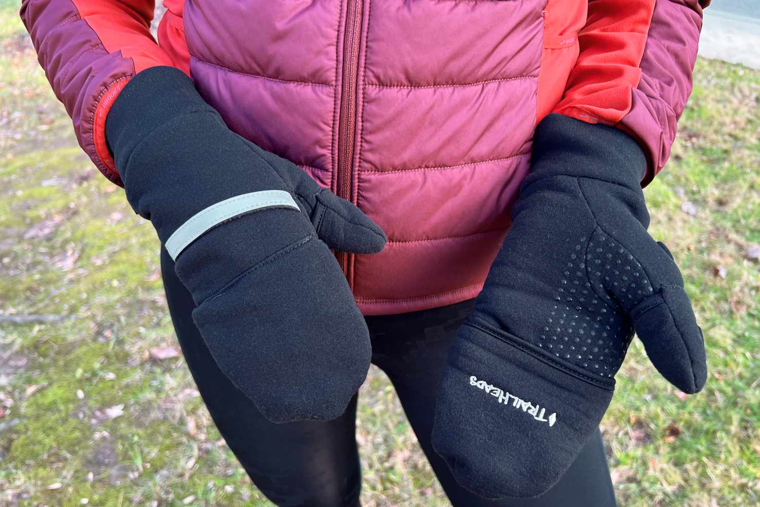 Closeup person wearing TrailHeads Convertible Mittens for Women outdoors