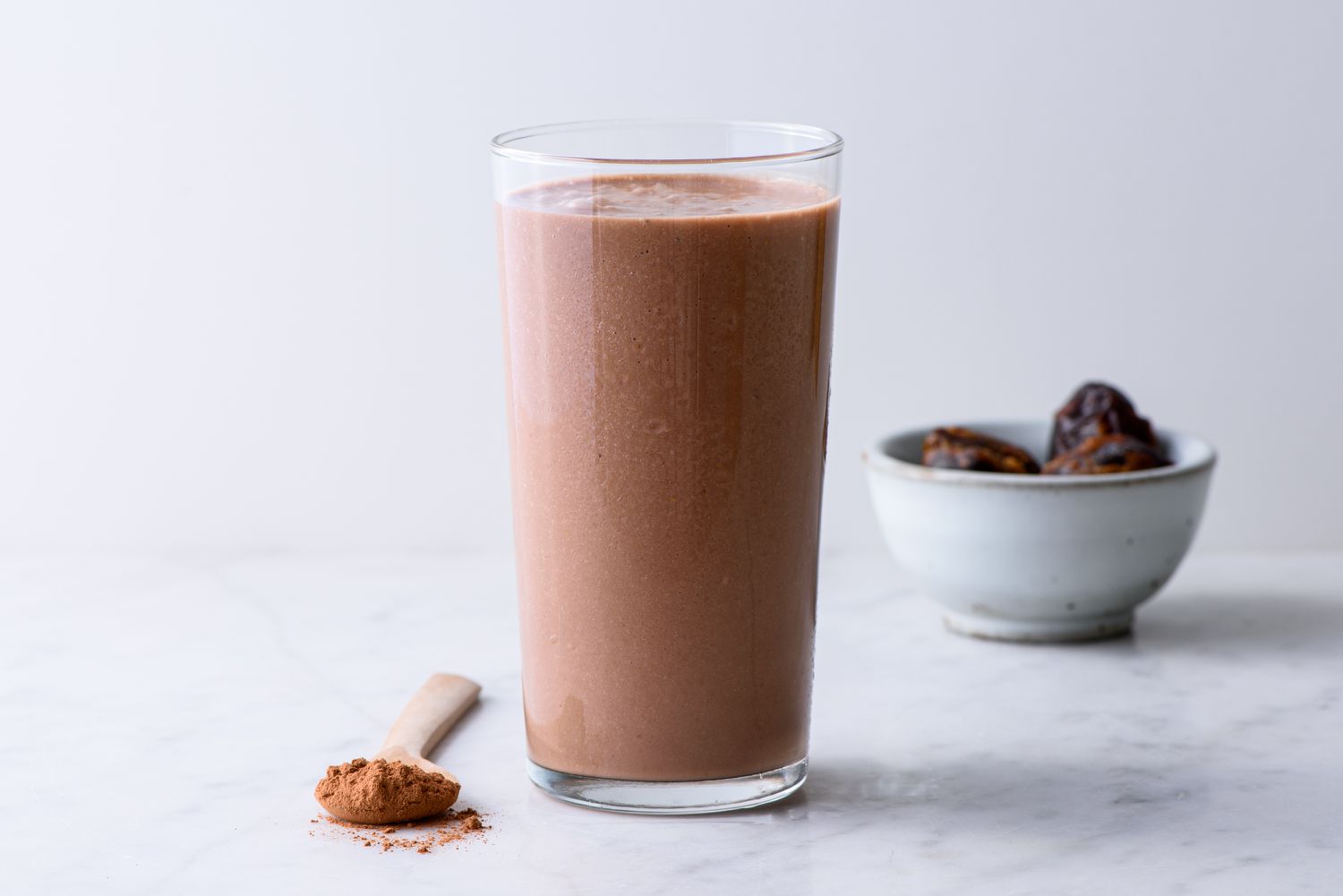 chocolate protein shake in a glass
