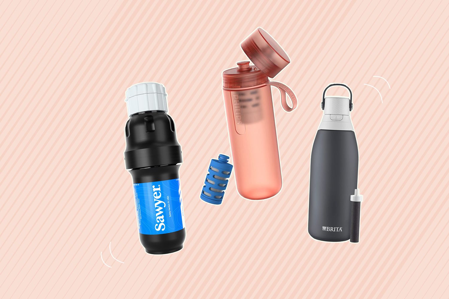 Best filtered water bottles collaged against pink striped background
