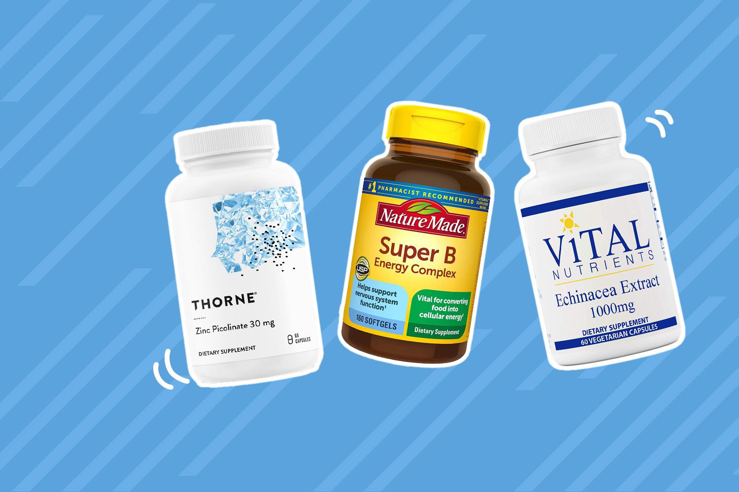 Assortment of supplements outlined in white and displayed on a two-tone blue striped background 