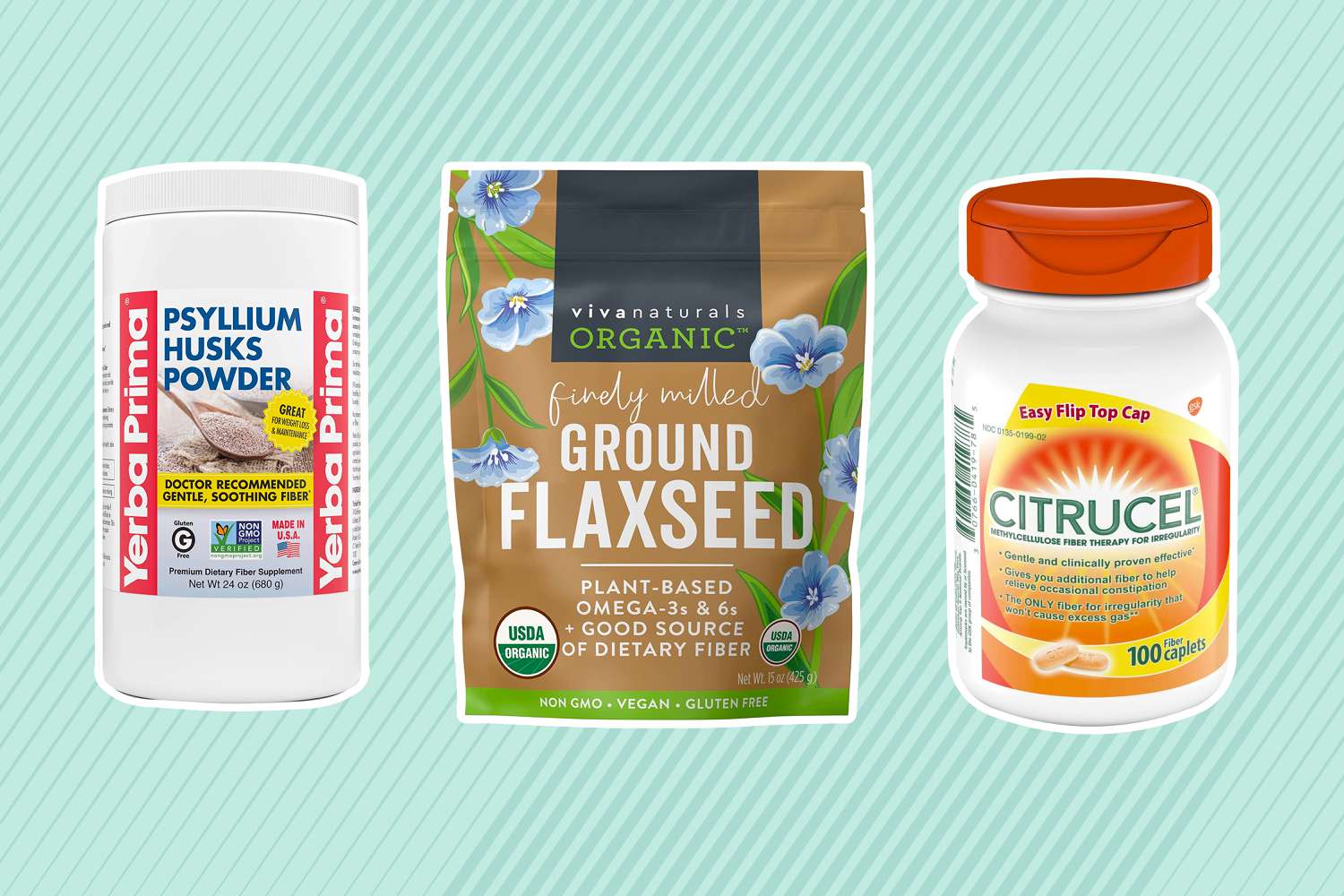 Collage of fiber supplements we recommend on a teal background