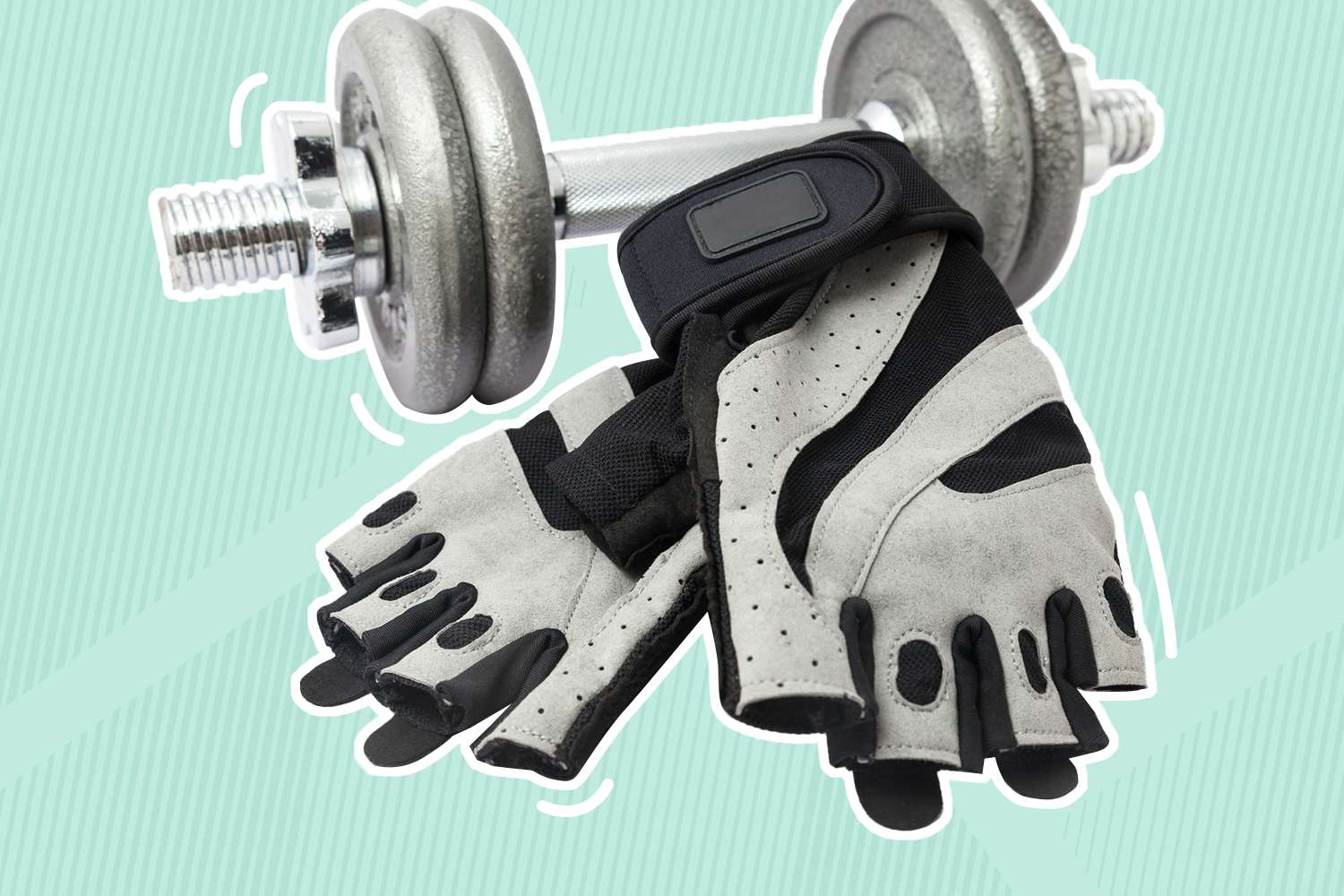 Weightlifting Gloves and dumbbell on a green background