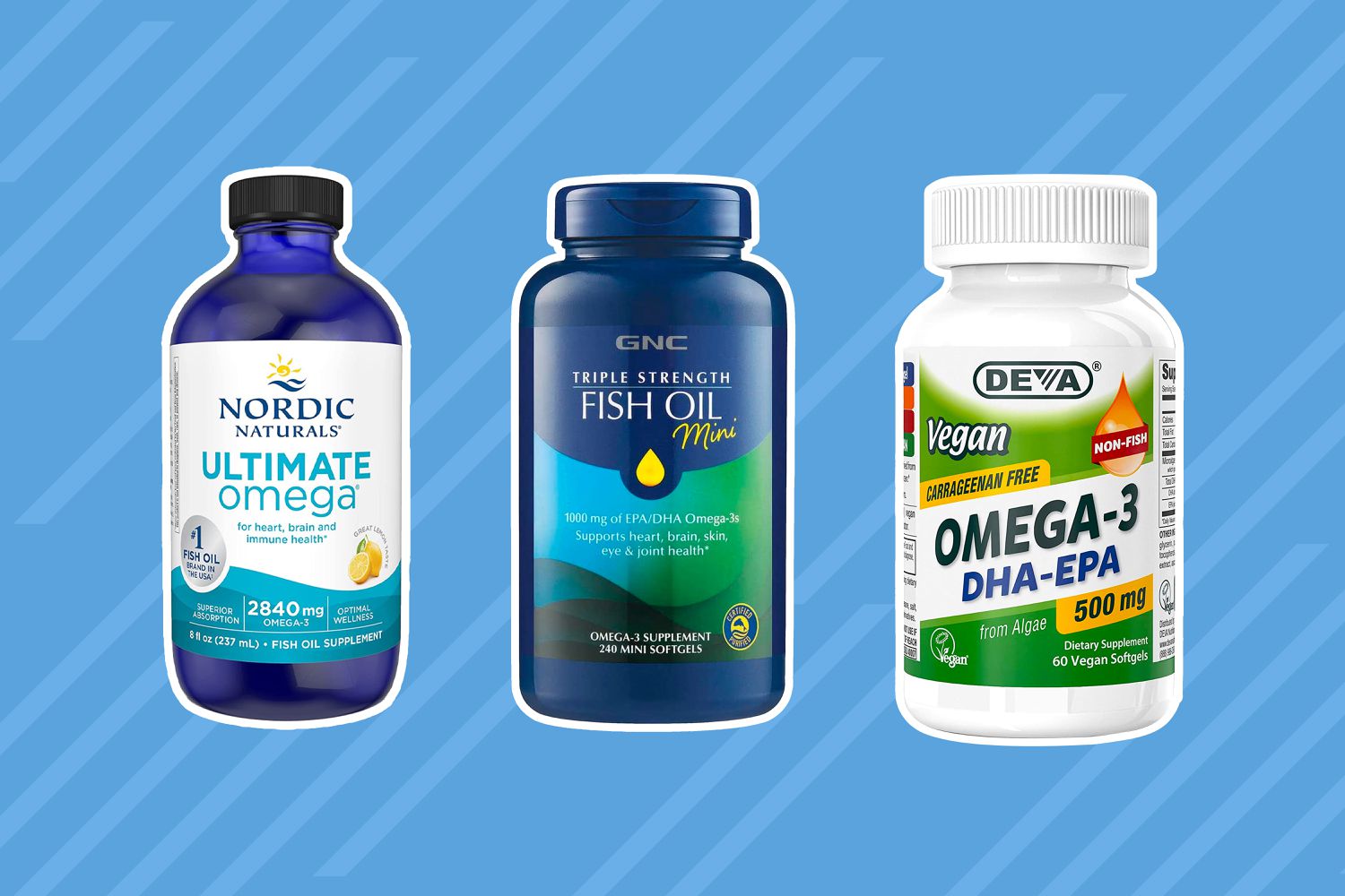 A collage of fish oil supplements we recommend on a blue background