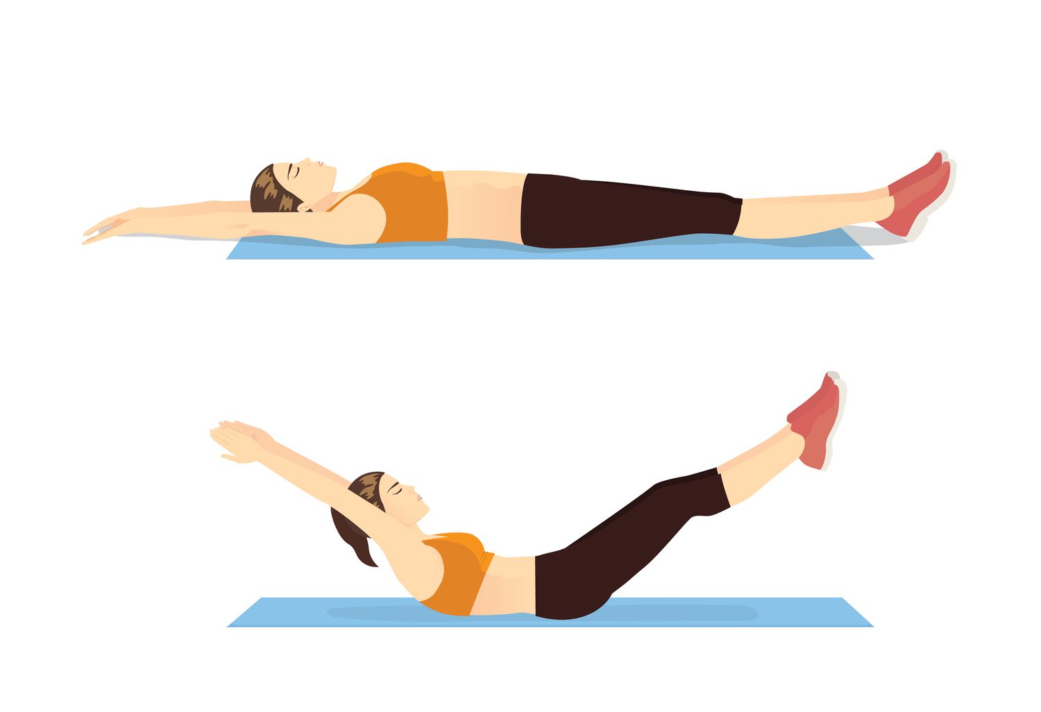 Exercise guide by Woman doing Hollow Body Hold in 2 steps on blue mat