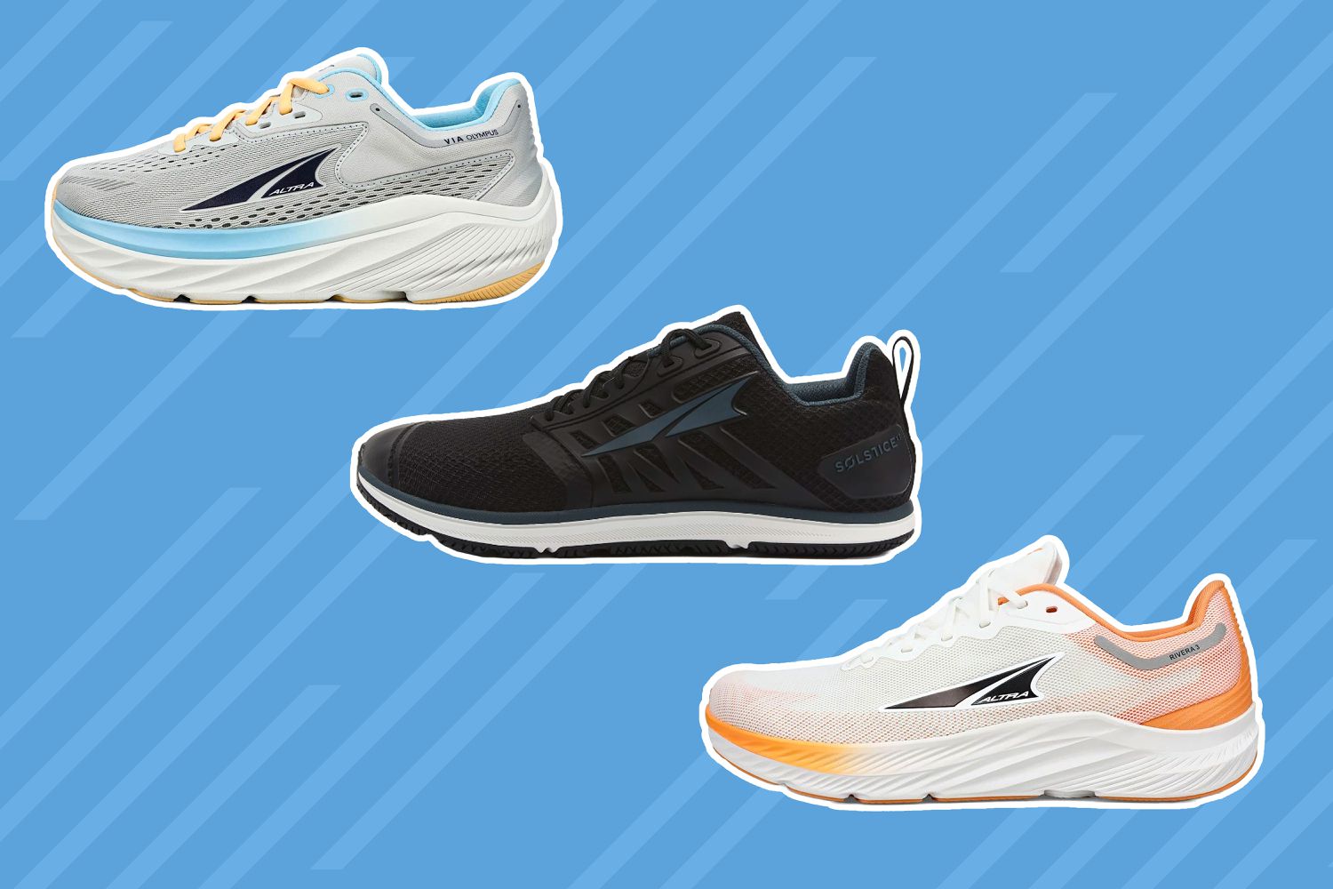 Collage of Altra running shoes we recommend on a blue background