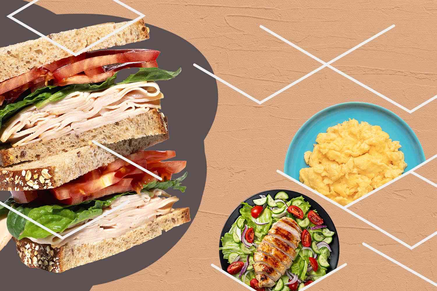 High Protein Foods: Turkey Sandwich, Scrambled Eggs, Chicken