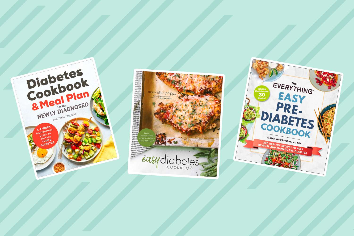 Collage of cookbooks we recommend for diabetes on a blue background