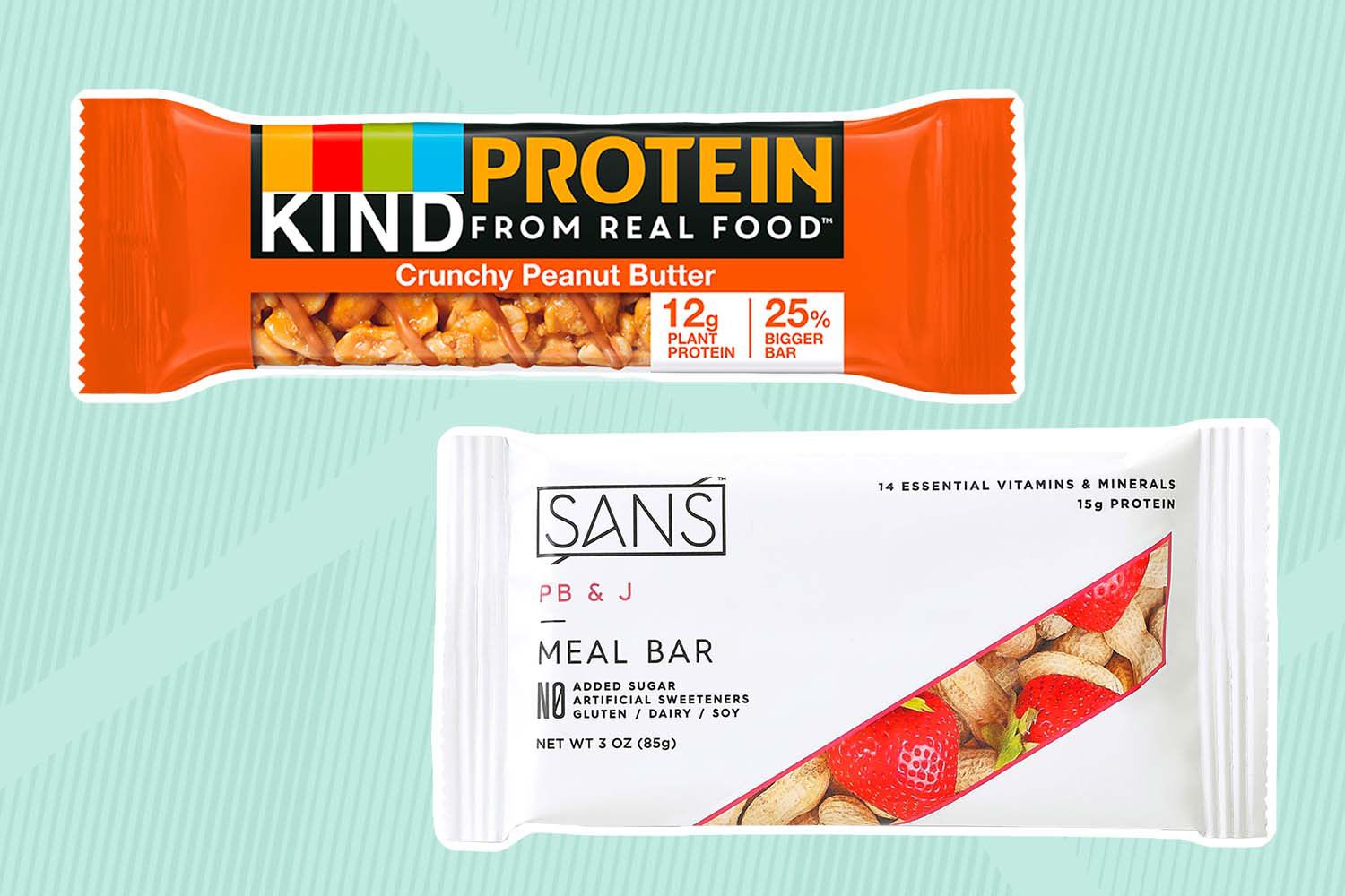 SANS Meal Replacement Protein Bar and Kind Protein Bars, Crunchy Peanut Butter collaged on a striped green background