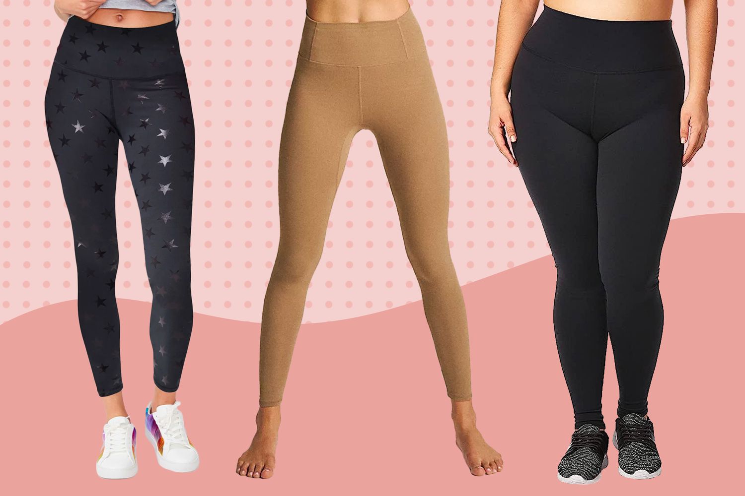 A collage of leggings from legging brands we recommend on a pink background