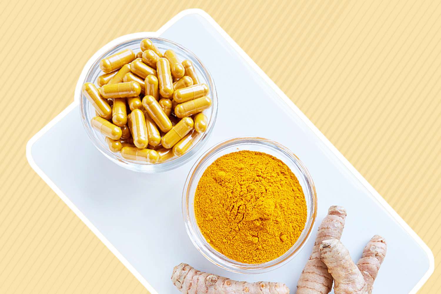 Turmeric supplements displayed on cutting board next to powdered and whole root turmeric collaged on a yellow background