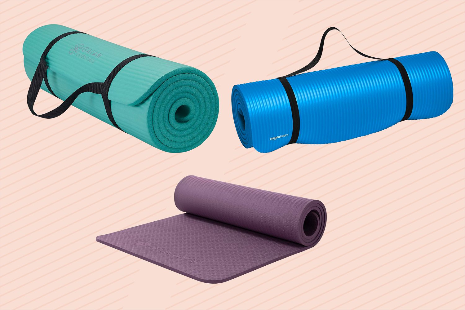 Pilates exercise mats we recommend on a striped background